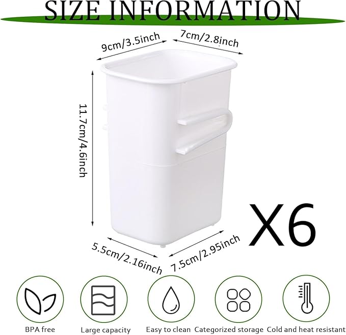 6 Pieces Refrigerator Door Organizer, Plastic Refrigerator Side Door Storage Containers with Side Snap, BPA-Free, Space-Saving Organizer Bins for Refrigerator, Kitchen Cabinet, Bathroom (White)