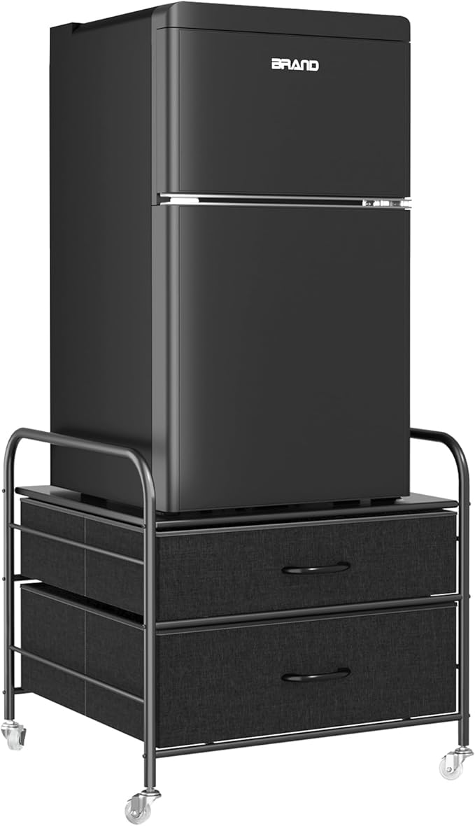 Mini Fridge Stand with Storage, Mini Fridge Stand, 2 Drawer Dorm Fridge Cart, Organizer Unit for Mini Fridge, Fridge Stand Table, Mini Fridge Table with Swivel Wheels, Black
