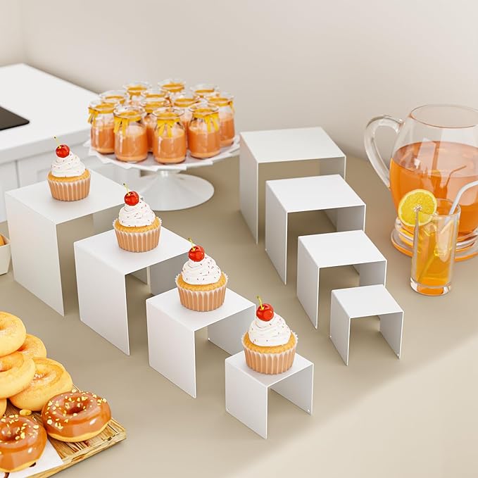 Matte Metal Display Stand,6 Pcs 2 Set Display Risers for Display, Metal Rectangular Display Shelf for Showcase, Dessert, Toys, Perfume (White, 3''x4''x5 x6)
