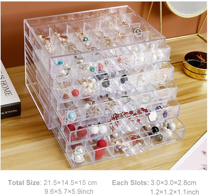 Earring Storage Box Acrylic Jewelry Storage Holder Ring Clear Plastic Transparent Jewelry Display Stand with 5 Drawers 120 Small Compartment Tray for Women Girls
