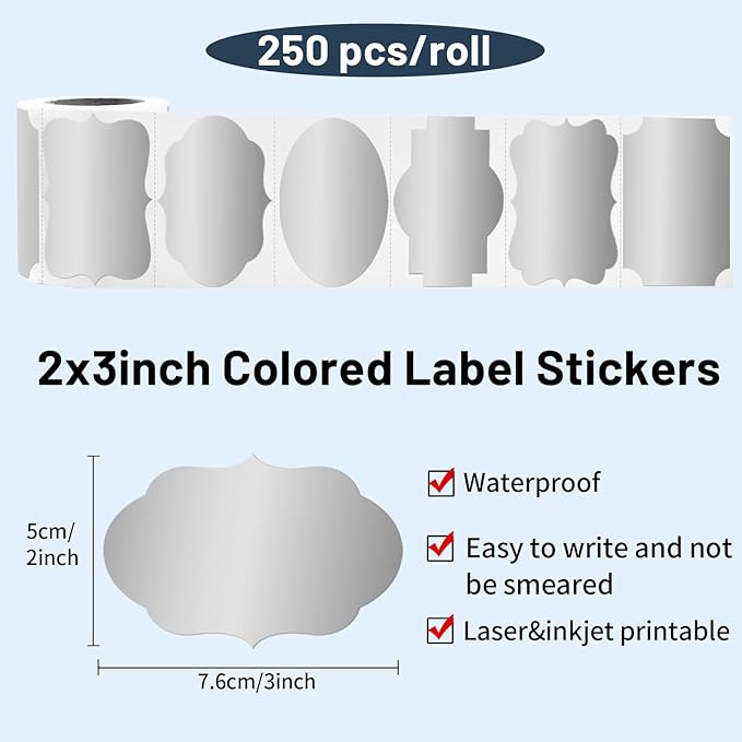 Silver Labels, 250 Pcs 2" x 3" Fancy Shape Stickers for Storage Box, Food Jars, Gift Tags