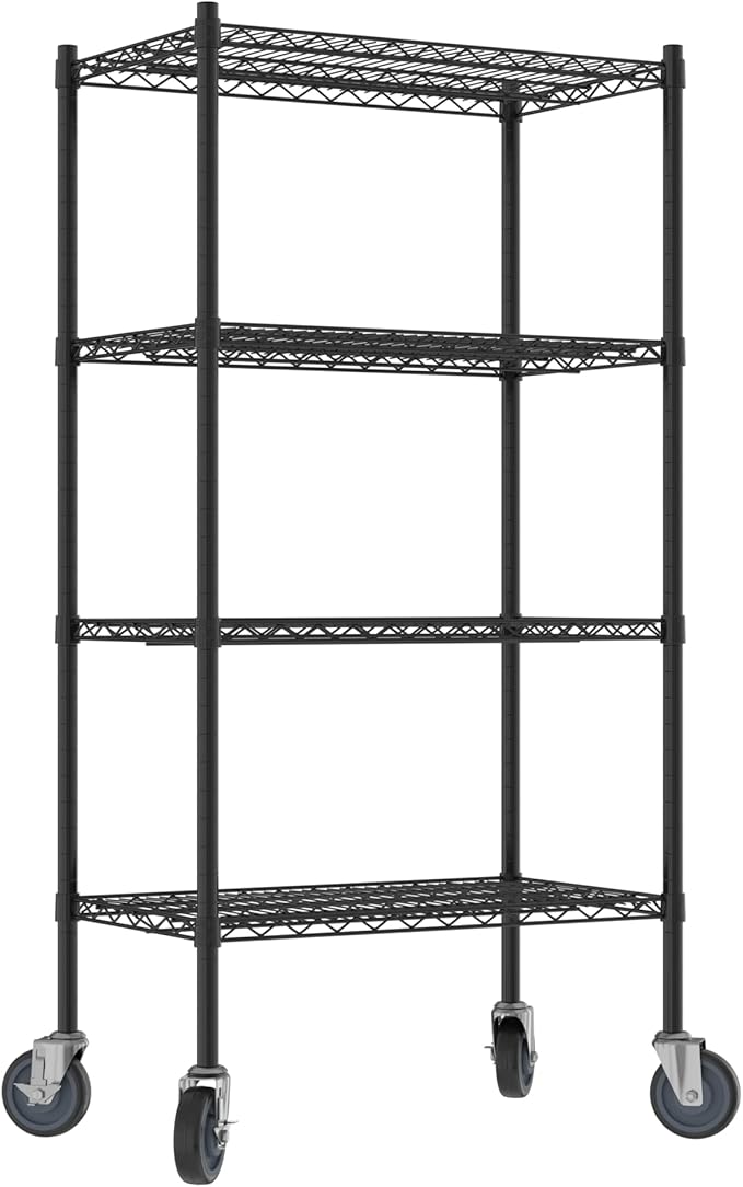 Commercial NSF Listed Black Epoxy Mobile Wire Shelving Kit 18" x 30" x 60", with 4 Shelves Perfect for Warehouse, Walk-in Refrigerator, Freezer, Grocery Store, Restaurant, Dishroom