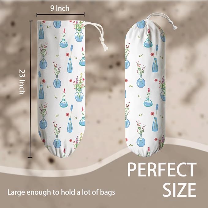 Plants Plastic Bag Holder, Washable Large Grocery Trash Bags Storage Dispenser, Fabric Garbage Trash Bag Dispenser for Home Kitchen Pantry Cabinet, Wall Mount, Kitchen Housewarming Gifts