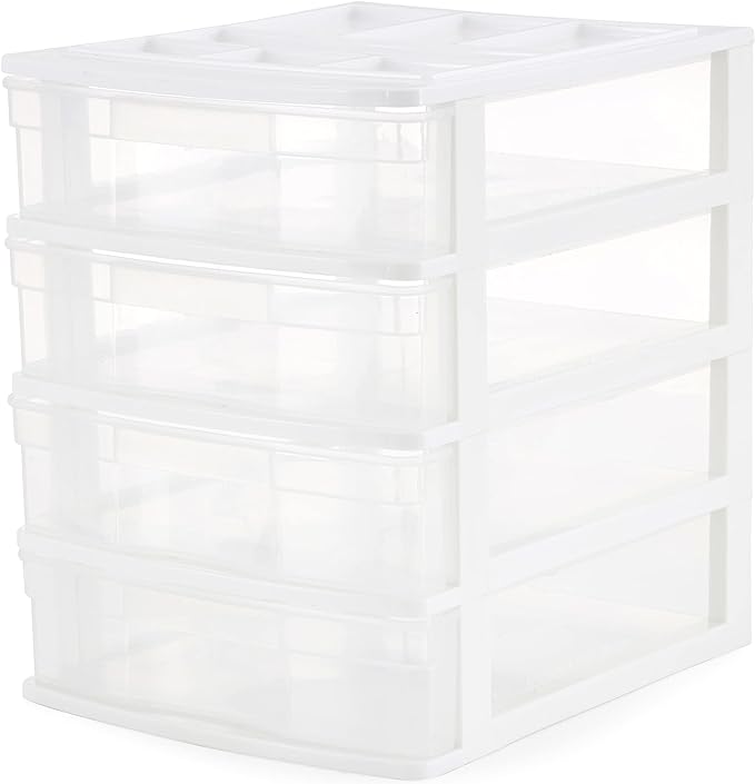 Gracious Living 4 Drawer Desktop & Countertop Organizer w/Organization Lid for Craft Storage, Office Supplies & School Supplies, White/Clear (4 Pack)