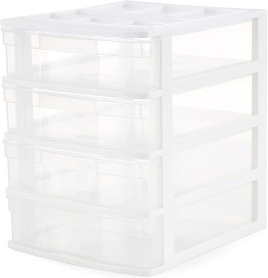Gracious Living Drawer Organizer, 4-Tier Plastic Storage Desktop Drawers, White Frame - Desk Containers for Bathroom, Bedroom, Office, and Classroom Organization