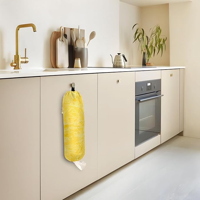 Plastic Bag Holder Wall Mount Grocery Bag Shopping Bag Storage Holder Organizer Dispenser with Adhesive Hook,for Kitchen Bathroom Home Decor 9x22 Inches Pure Yellow34