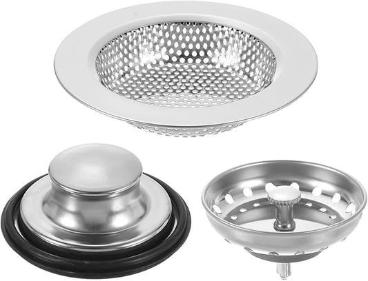 uxcell 3 Pcs Kitchen Sink Drain Strainer Silver, Stainless Steel Kitchen Sink Strainer and Stopper, Anti-Clogging Basket with Handle, for Most Kitchen Sink Strainer Replacement