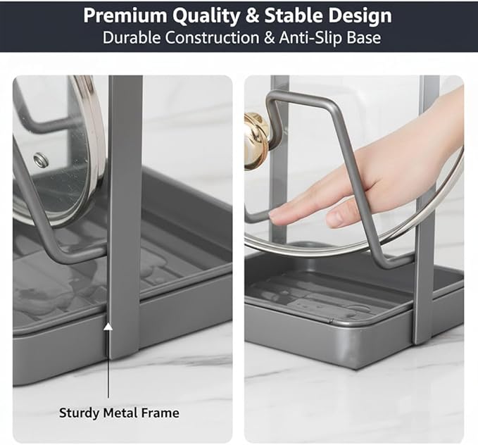 Kitchen Pot Lid Storage Rack, Pot Lid Organizer Rack—The Ultimate Christmas Kitchen Organizer, Multifunctional Utensils Pan Pot Cover Lid Rack Shelf for Pots Lids, Spatulas (Gray-Single Layer)