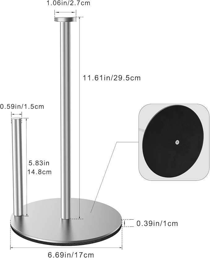 Paper Towel Holder for Kitchen, Countertop Paper Towel Holder, Silver Stainless Steel Paper Roll Holder, Weighted Paper Towel Stand for Standard and Large Size Rolls