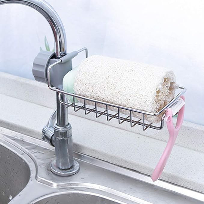 Kitchen Sink Faucet Organizer, Stainless Steel Sink Sponge Holder Around Faucet, Sinks Caddy Organizer, Faucet Storage Rack Sponge, Drying Rack for Kitchen Accessories (COLOR:Silver)