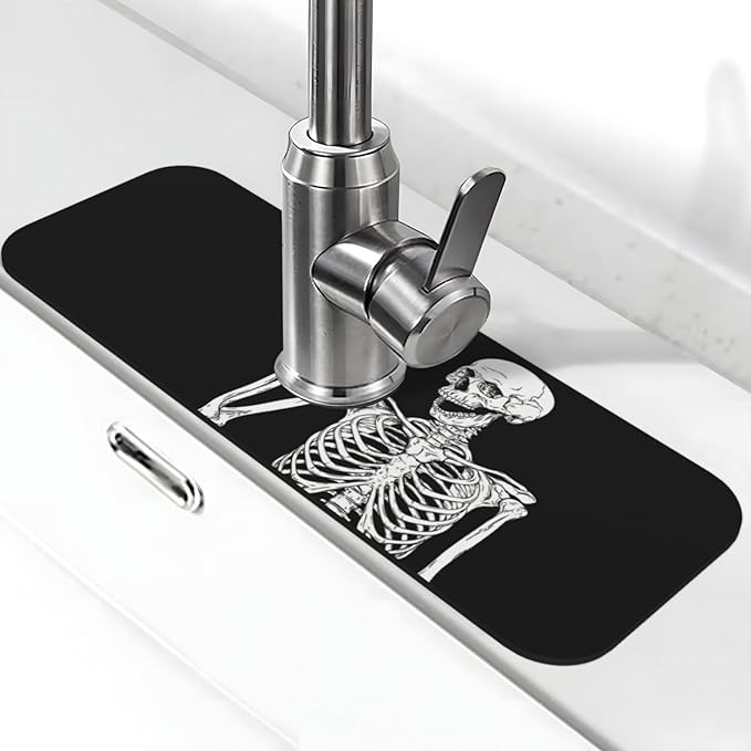 Black Funny Skull Human Skeleton Halloween Kitchen Sink Splash Guard Faucet Mat Super Absorbent Fast Drying Mat Sink Gadgets-Fast Drying Pad Sink Mat For Kitchen Bathroom (15" X 5.5" )
