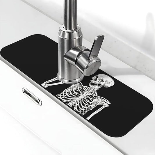Black Funny Skull Human Skeleton Halloween Kitchen Sink Splash Guard Faucet Mat Super Absorbent Fast Drying Mat Sink Gadgets-Fast Drying Pad Sink Mat For Kitchen Bathroom (15" X 5.5" )