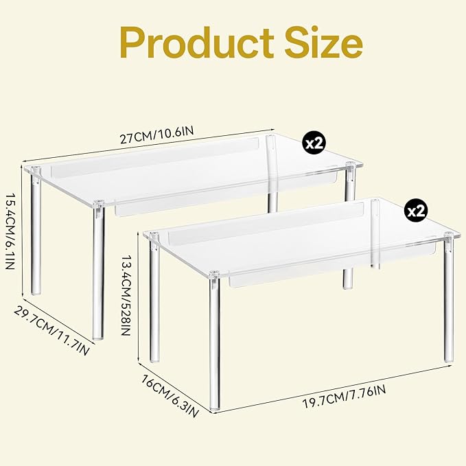 4 Pack Clear Kitchen Cabinet Organizer, Stackable Acrylic Tiered Spice Organization Display Shelf for Cabinet Shelf Desk Countertop Organizer
