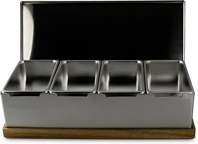 4 Slot Condiment Carrier, Stainless Steel Holders, Silicone Lids, and Gel Packs - Portable and Versatile for Outdoor BBQs and Parties