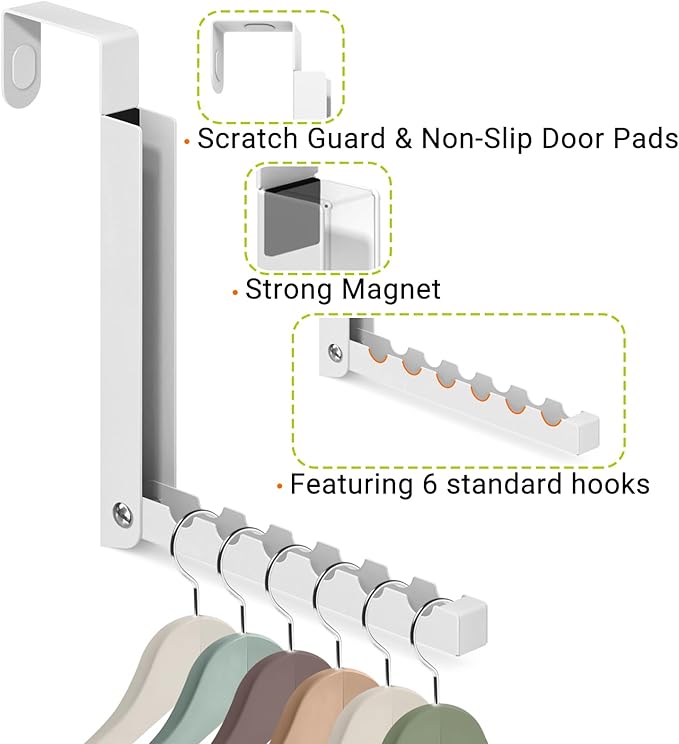 2-Pack Foldable Over The Door Organizer, 6 Grooves for Coats, Hats, Bags, Towels | Collapsible Storage Space Saver for Entryway, Bedroom, Bathroom, Dorm, Travel | White