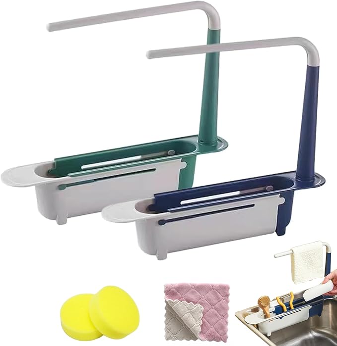 Updated Telescopic Sink Storage Rack, Dish Drying Rack over the Sink, Expandable Slim Drain Basket, Multifunctional Caddy Adjustable Kitchen Sponge Holder, for Counter Space Bathroom (2 PCS-B&C)