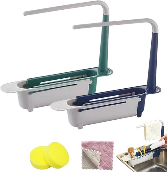 Updated Telescopic Sink Storage Rack, Dish Drying Rack over the Sink, Expandable Slim Drain Basket, Multifunctional Caddy Adjustable Kitchen Sponge Holder, for Counter Space Bathroom (2 PCS-B&C)