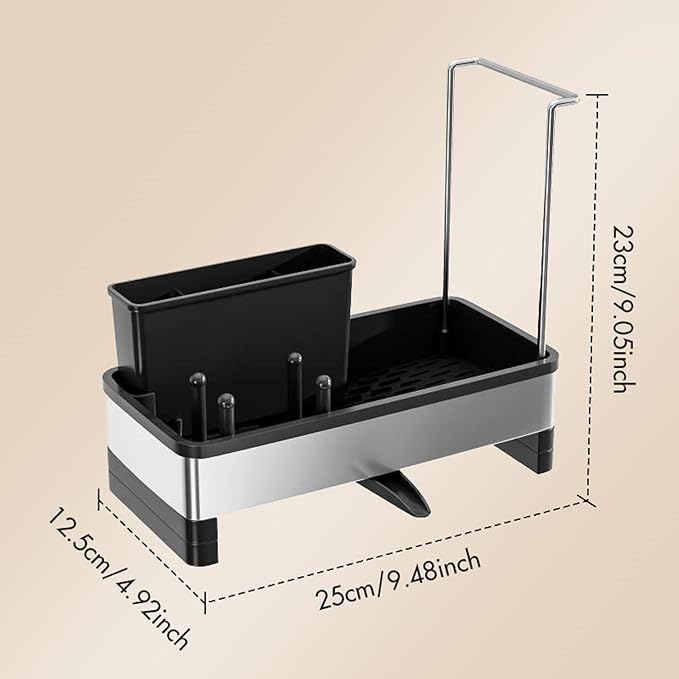 Sponge Holder for Kitchen Sink, Stainless Steel Sink Caddy with Brush Holder, Dishcloth Rack and Holds Soap Dispenser, Auto-Drain Rustproof Countertop Organizer (Black)