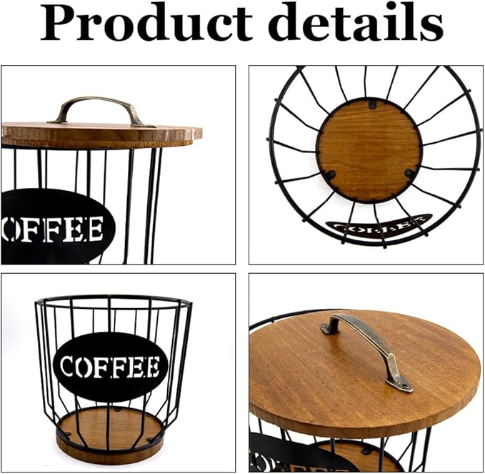 2 Pack Coffee Pod Holder with Lid Coffee Pods Storage Black Wire Coffee Storage Basket Large Capacity K Cup Holder with Wooden Base for Kitchen Countertop, Cafe Bar Organizer, Office Desktop