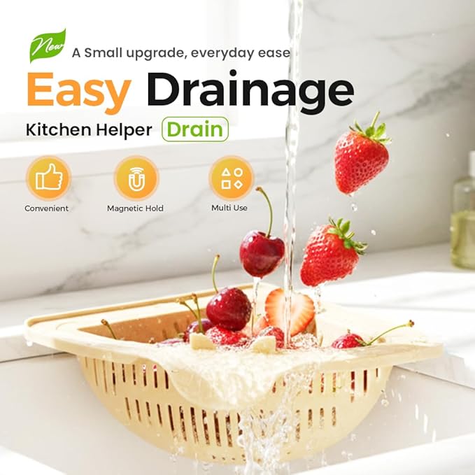 Magnetic Drainage & Filter Basket, Kitchen Corner Sink Strainer, Triangular Sink Strainer with Twist-Open Bottom, Kitchen Sink Corner Rack for Draining & Storage, Punch-Free Installation (YELLOW)