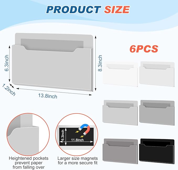 Fuutreo 6 Pcs Magnetic Wall File Organizer Magnetic Wall File Holder Refrigerator Magazine Holder for Mail Letters Paper(Achromatic Colors,8.3 x 13.8 Inch)