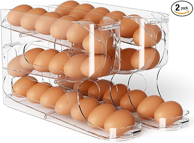 Sotfamily Clear Egg Holder for Fridge, Auto Rolling Egg Dispenser for 36 Eggs, Space-Saving Egg Roller, Organizer, Container, Storage for Refrigerator & Kitchen Countertop(2 Packs)