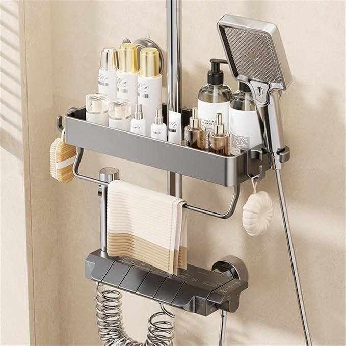 Shower Holder for Soap and Bath Essentials, Suction Cup Wall-Mounted Organizer with Ventilated Design, 30x12.5x4.5cm Plastic Storage Tray for Bathroom or Kitchen Use, Grey