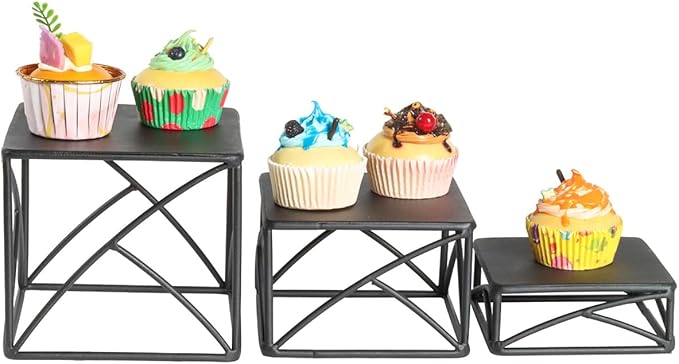 BYCY Dessert Tabletop Risers 6 Inch White Square Matte Wire Nesting Cupcake Risers Display Stand Shelf for Catering Collectibles Jewelry Figures Show , Set of 3 (Black)