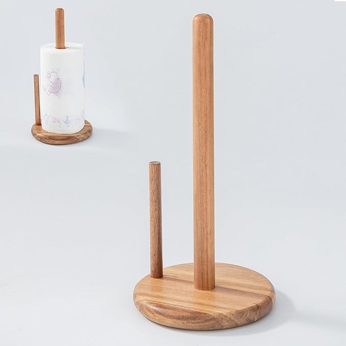 14" Acacia Wooden Paper Towel Holder, 6.7" Large Heavy Base Wooden Kitchen Towel Roll Stand Organizer Free Standing, Rustic Farmhouse Paper Towel Holder Stand, Standing Paper Towel Roll Holders Wood