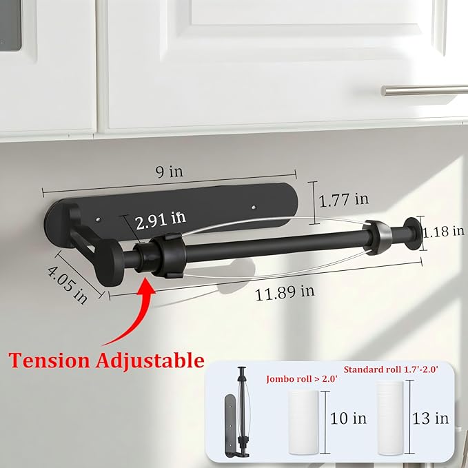 Magnetic Paper Towel Holder for Fridge-Great Adhesive Magnetic,One Hand Operable Paper Towel Holder,No Drill Wall Mount Hanging for RV Kitchen (Black)