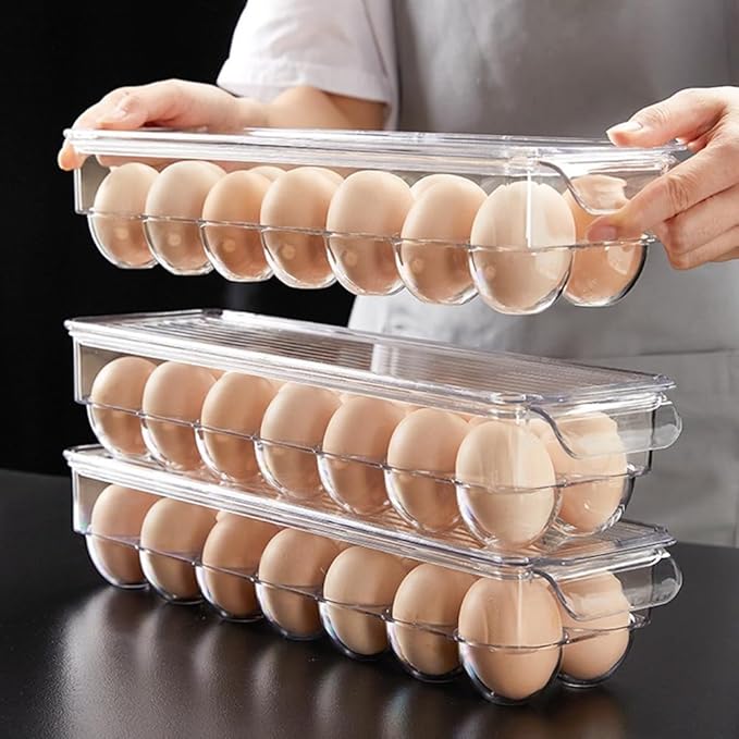 TKOWTB Clear Plastic Egg Holder - 14 Egg Tray Holder - Free Fridge Organizer with Lid, Refrigerator Storage Container 37 X 11cm