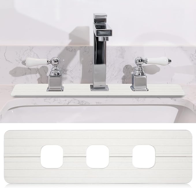 Teenyyou 3 Square Hole White Faucet Mat for Kitchen Sink 16.14" x 4.49" Kitchen Faucet Absorbent Mat Diatomite Splash Guard for Sink Quick Drying Stone Drip Catcher for Bathroom Counter