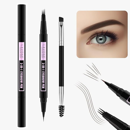LAVONE Eyebrow Pencil, 2-In-1 Waterproof Eyebrow Pen, with 3 Tip Microblading Eyebrow Pen and Ultra-Precise Brow Pencil, Dual-ended Eyebrow Brush, for Eyebrow Makeup - Brunette