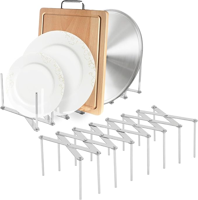 JINGIHE Pots and Pans Organizer, Adjustable Kitchen Cabinet Pantry Organization Storage Rack, Expandable Stainless Steel Holder for Pot Lid Cutting Board Bakeware Dishes Cookware (4-tier)
