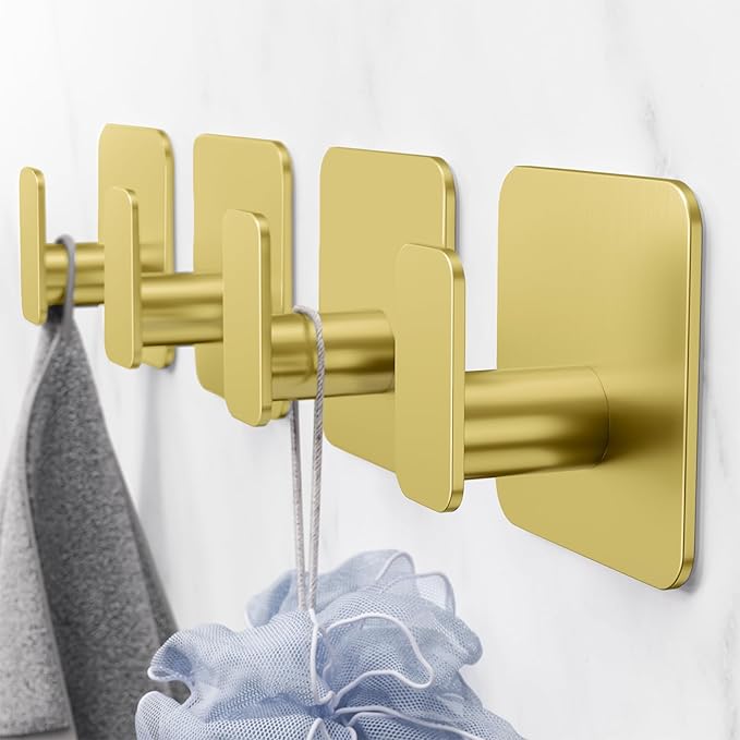 Aikzik Gold Hooks for Hanging Heavy Duty, Adhesive Hooks for Shower, Bathroom, Kitchen, Robe, Towel, Coat, Waterproof & Rustproof Hook for Walls No Damage, Stainless Steel Sticky Hook - 4 Pack