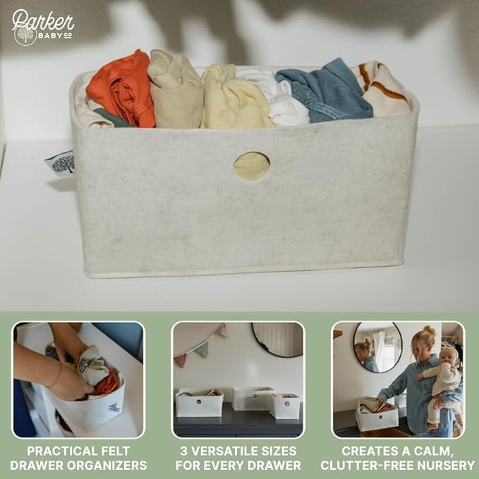 Parker Baby Felt Drawer Organizers 3 Pack | Versatile & Sturdy Nursery Organizers for Drawers | Extra-Durable and Collapsible Soft Felt Drawer Storage Bins w/Soft Edges | Heathered White, 3 Pack
