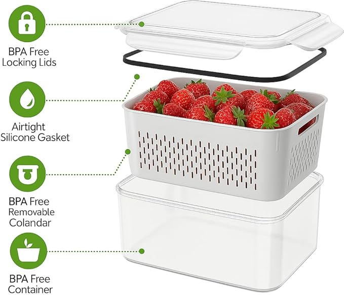 BreezyHome 5 Set Fruit Storage Containers for Fridge with Colanders Dishwasher Safe, Leakproof Fruit and Vegetable Storage BPA-Free Plastic, Produce Storage Keep Berry Fruit Veggie Meat Fresh