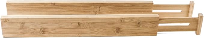 HUJI 4 PCS Bamboo Drawer Dividers Organizers For Bed Room, Bathroom, Kitchen, Garage, Great To Organize Clothes Kitchen Utensils Tools Shirts Socks Towels (2 PACK)