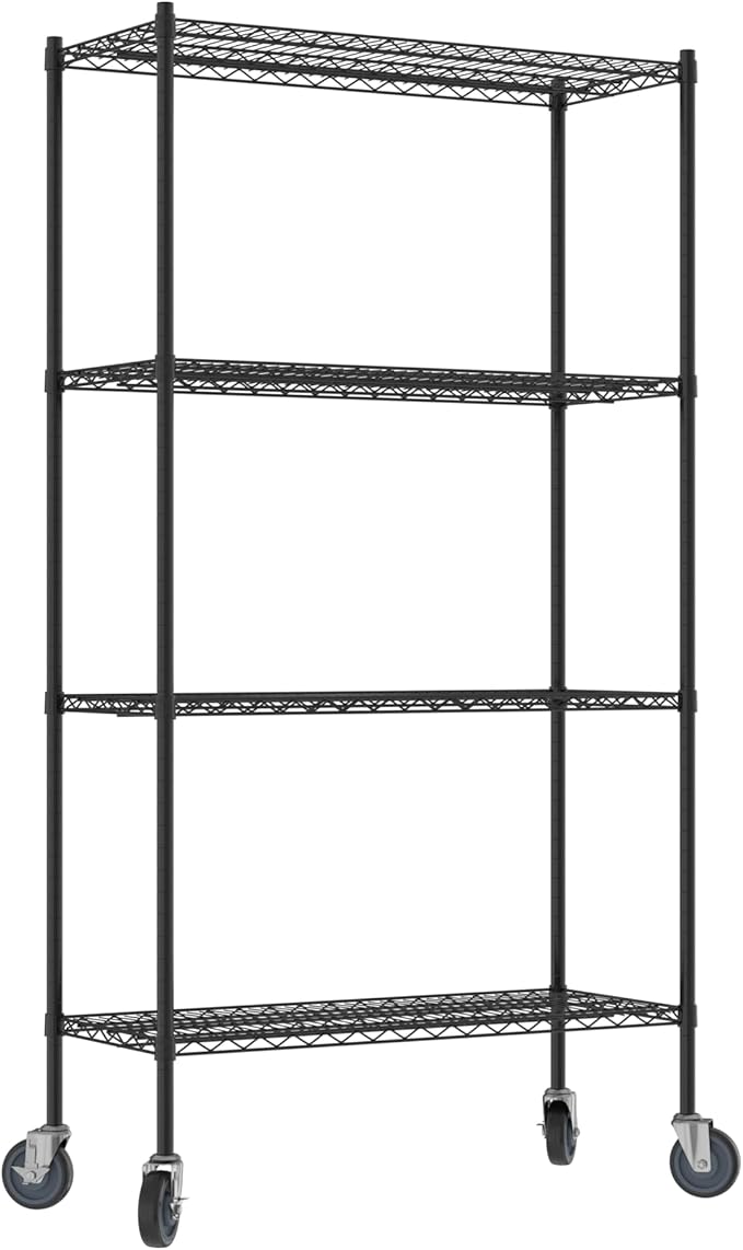 Commercial NSF Listed Black Epoxy Mobile Wire Shelving Kit 18" x 42" x 80", with 4 Shelves Perfect for Warehouse, Walk-in Refrigerator, Freezer, Grocery Store, Restaurant, Dishroom