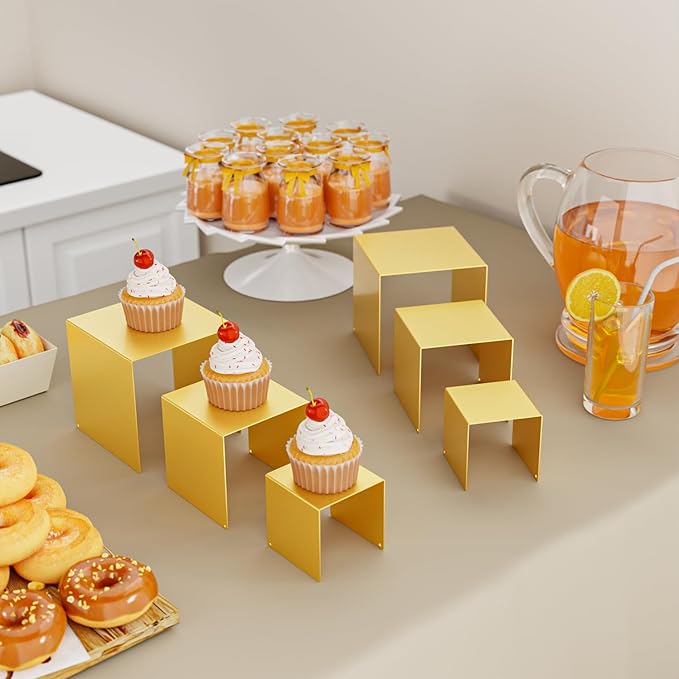 Matte Metal Display Stand,6 Pcs 2 Set Display Risers for Display, Metal Rectangular Display Shelf for Showcase, Dessert, Toys, Perfume (Gold, 3''x4''x5)