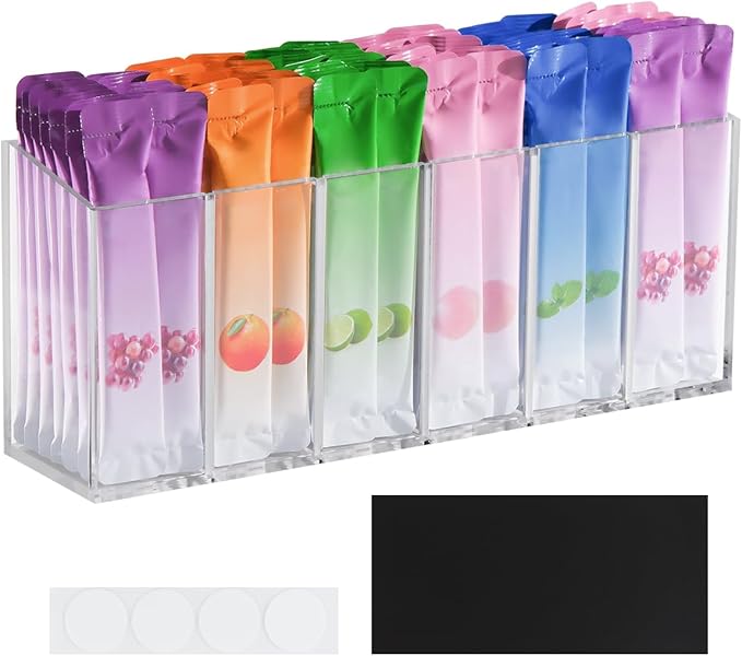 Drink Packet Organizer,Water Drink Packet Holder with Removable Divider,6 Compartment Water Flavor Packet Storage with Soft Magnetic&Adhesive Sticker for Kitchen Pantry Cabinet Fridge