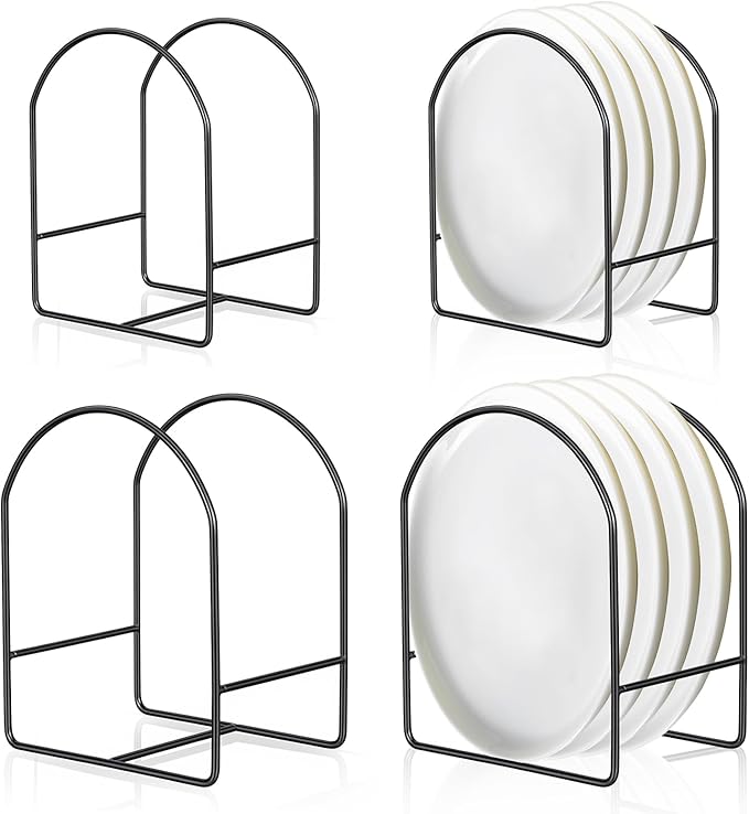 4 Packs Black Kitchen Plate Holder for Cabinet 2 Large 2 Small Dinner Dish Plate Organizer Rack Upright Dish Drying Racks Metal Dishes Racks Stand