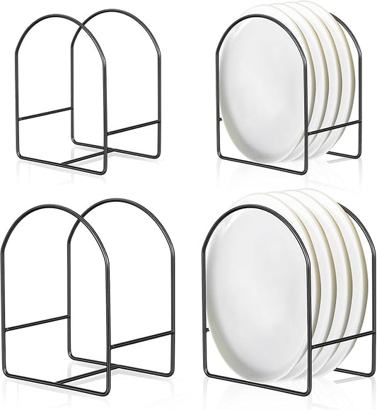 4 Packs Black Kitchen Plate Holder for Cabinet 2 Large 2 Small Dinner Dish Plate Organizer Rack Upright Dish Drying Racks Metal Dishes Racks Stand