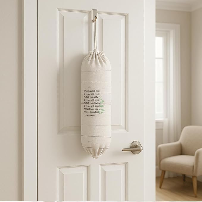 Plastic Bag Holder, Inspirational Quote Plastic Bag Holder for Kitchen Essentials, Trash Sack Storage Dispenser for Home Decor, Kitchen Gifts to Women Family Friends Grandma Mom