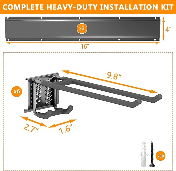 Garage Tool Organizer Wall Mount, 48 inch Garage Wall Organizer, 480lbs Sturdy Garden Tool Organizer with 6 Adjustable Hooks, for Yard, Shed, Basement, Workshop(Black)