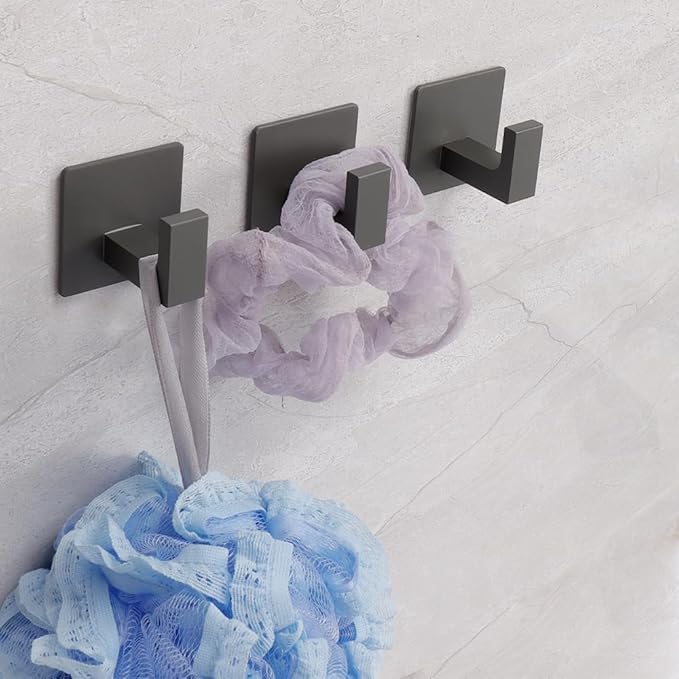 Vanloory Bath Towel Hooks, 6 Pack Self Adhesive Square Coat Hooks, Sturdy No Drilling Robe Hook, Heavy Duty Aluminum Clothes Hanger, Wall Hooks for Bathroom Bedroom Kitchen (2 in, Grey)