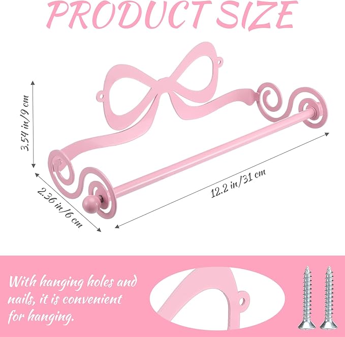 LemonRoad Valentine's Day Pink Bow Wall Mount Paper Towel Roll Holder Metal Coquettish Pink Kitchen Accessories Toilet Paper Towels Holder Bathroom Countertop Decor Valentines Housewarming Gift