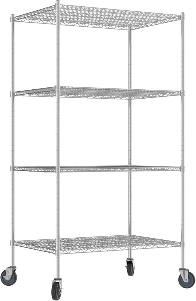 Commercial NSF Listed Chrome Mobile Wire Shelving Kit 30" x 42" x 80", with 4 Shelves Perfect for Warehouse, Walk-in Refrigerator, Freezer, Grocery Store, Restaurant, Dishroom