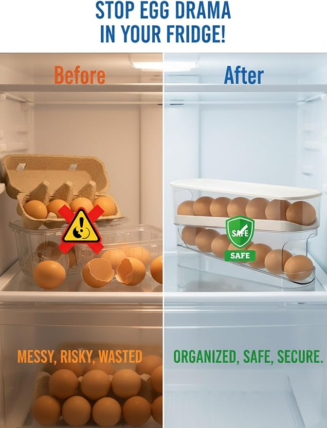 Egg Dispenser for Refrigerator Organization and Storage Holder Fridge Box Organizer Rolling Automatic Gravity Fed Cart Clear Organizers Pantry Shelf Home Must Haves Glad with Lids