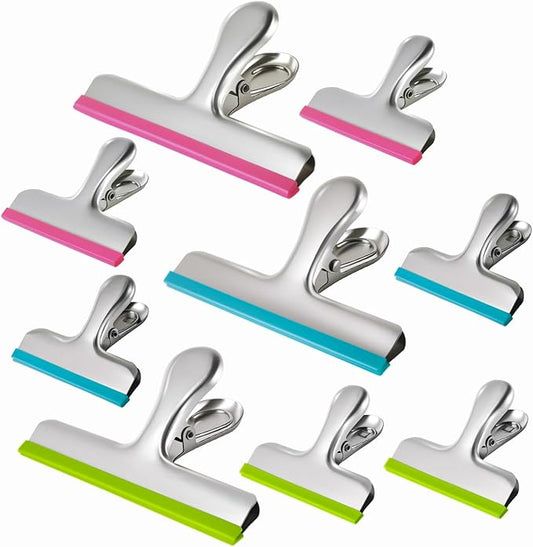 HOUSE AGAIN 9 Pack Stainless Steel Chip Bag Clips Covered with Silicone - NO More Sharp Edges - Color Coded for Upgrade Wide Open Food Bags, Heavy Duty for Kitchen and Office, (3 x L, 6 x S)